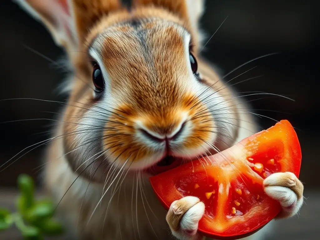 Foto realista de un conejo feliz comiendo tomate