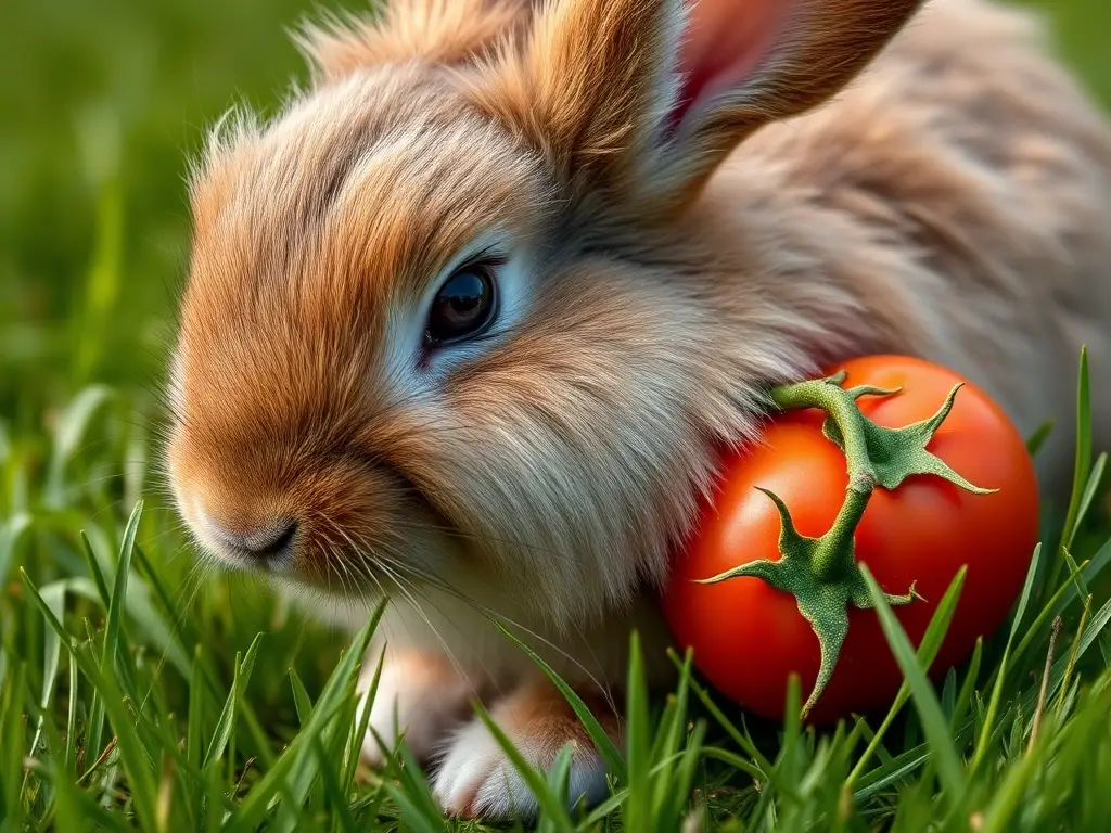 Imagen realista de un conejo angora saludable comiendo un tomate en un campo verde