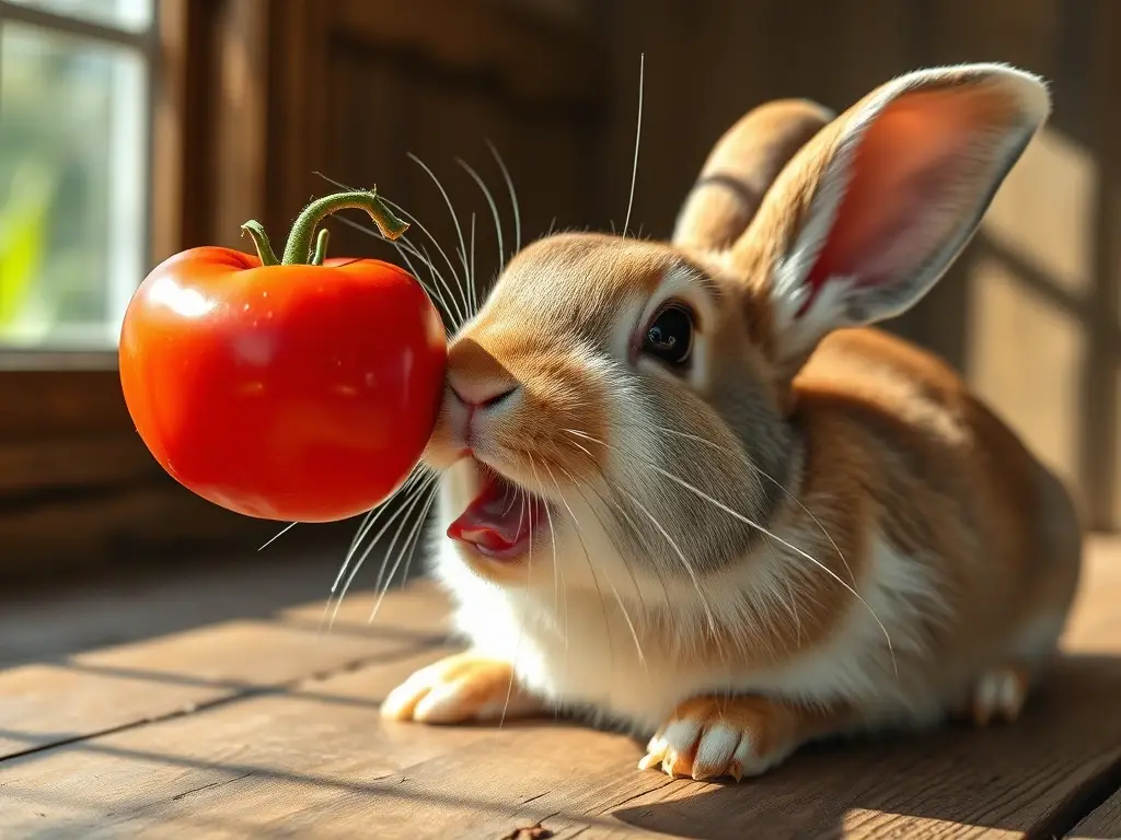 Imagen realista de un conejo comiendo tomate en una mesa decorada