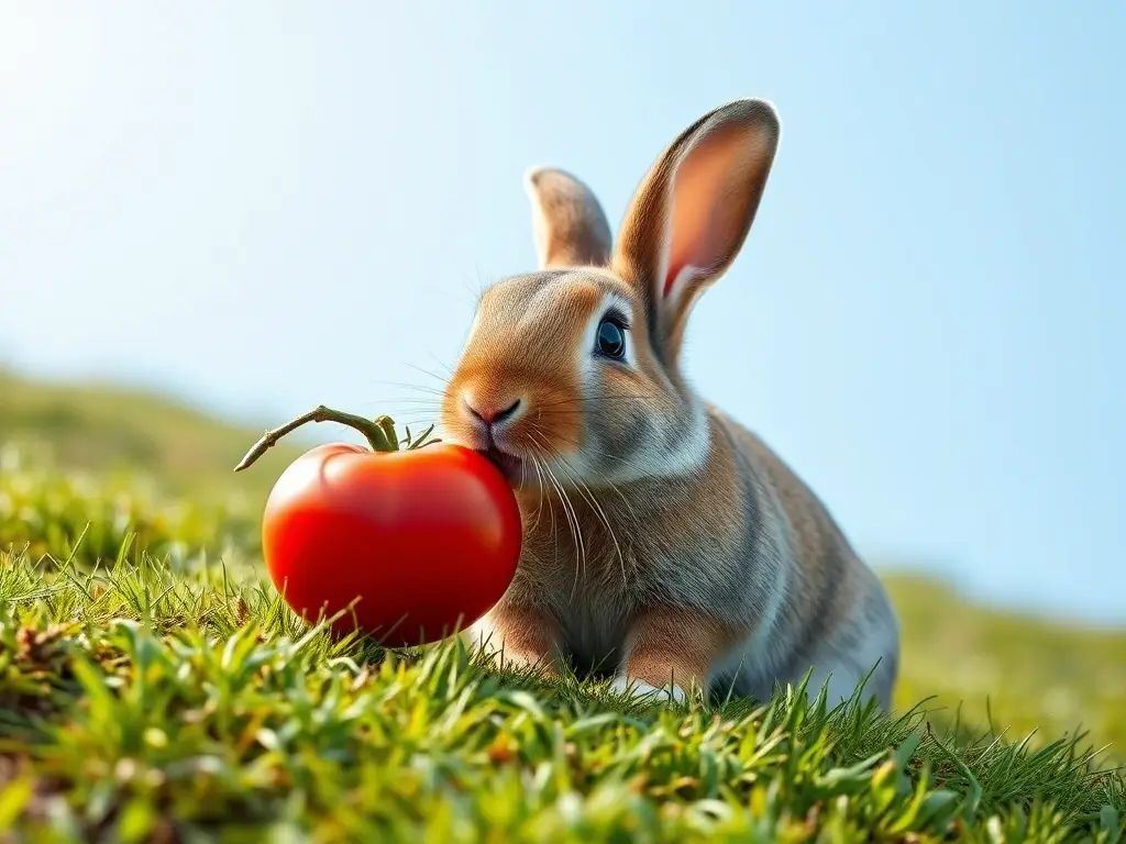 Un conejo feliz masticando una tomate en un cielo azul