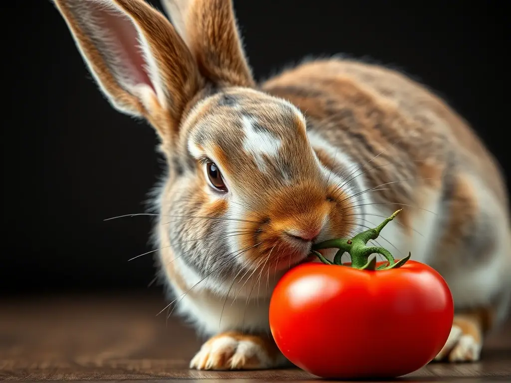 Imagen realista de conejo comiéndose tomate