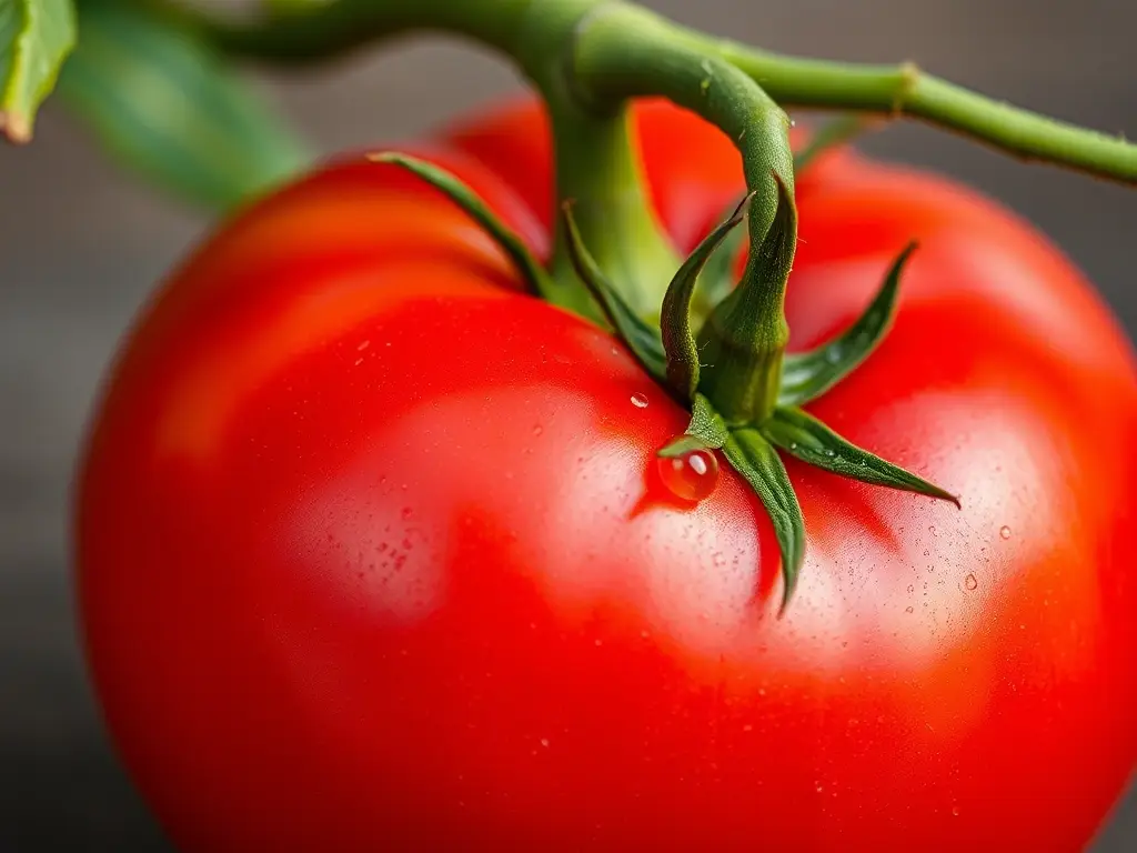 Foto realista de tomate maduro y rojo con gotas de agua