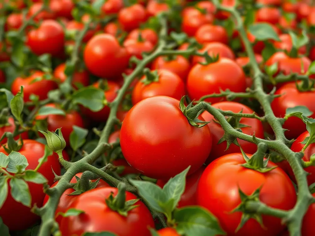 Fotorealistic image of a tomato field, detallada y sin elementos extraños