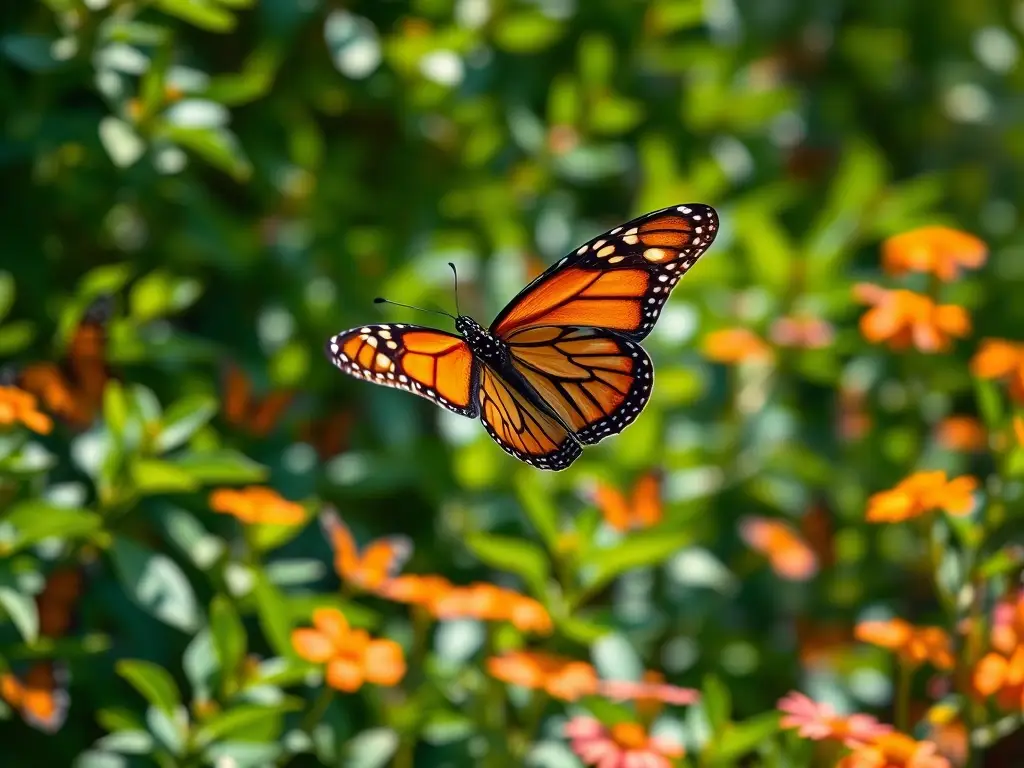 Un mariposa monarca con vuelo detallado y brillante en un jardín frondoso