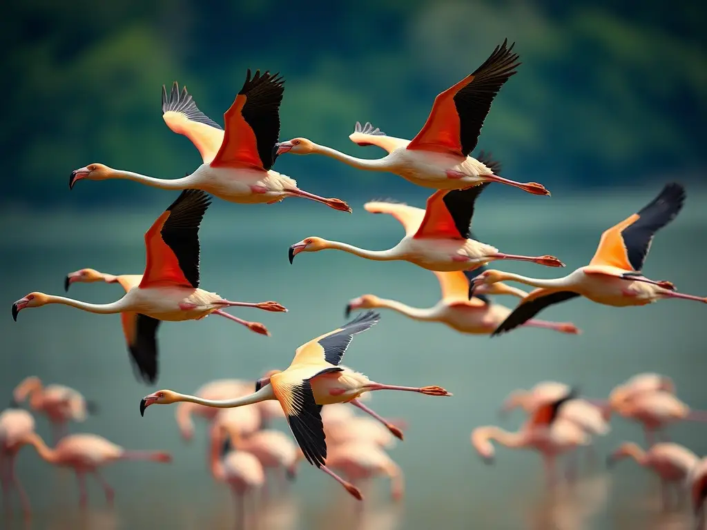 Imagen fotorealista de flamencos en vuelo, detallada y nítida