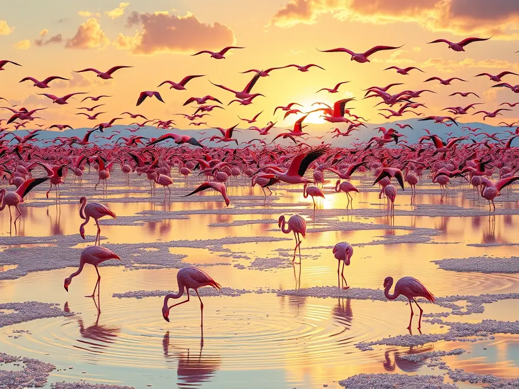 Flamencos rosados vuelan sobre humedales al amanecer