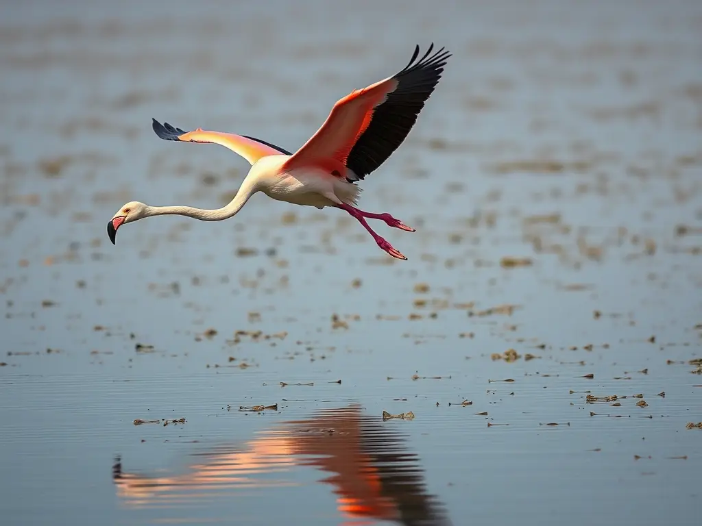 Imagen realista de flamencos en vuelo, con detalle, color y nitidez
