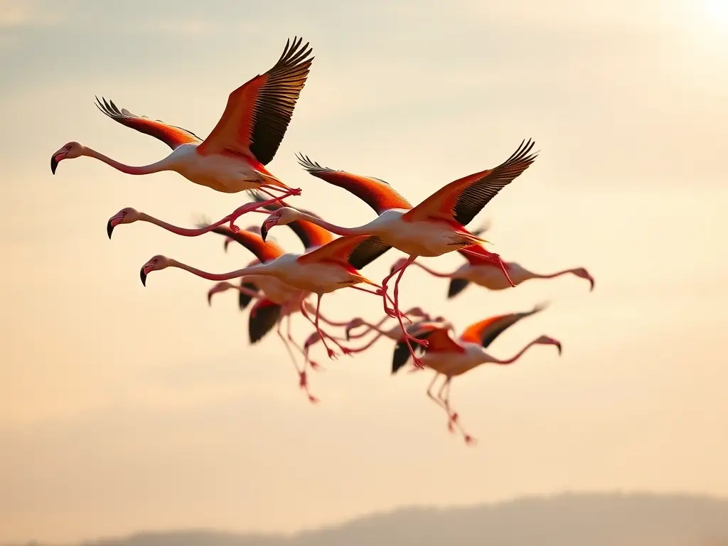 Fotografía realista de flamencos en vuelo sincronizado