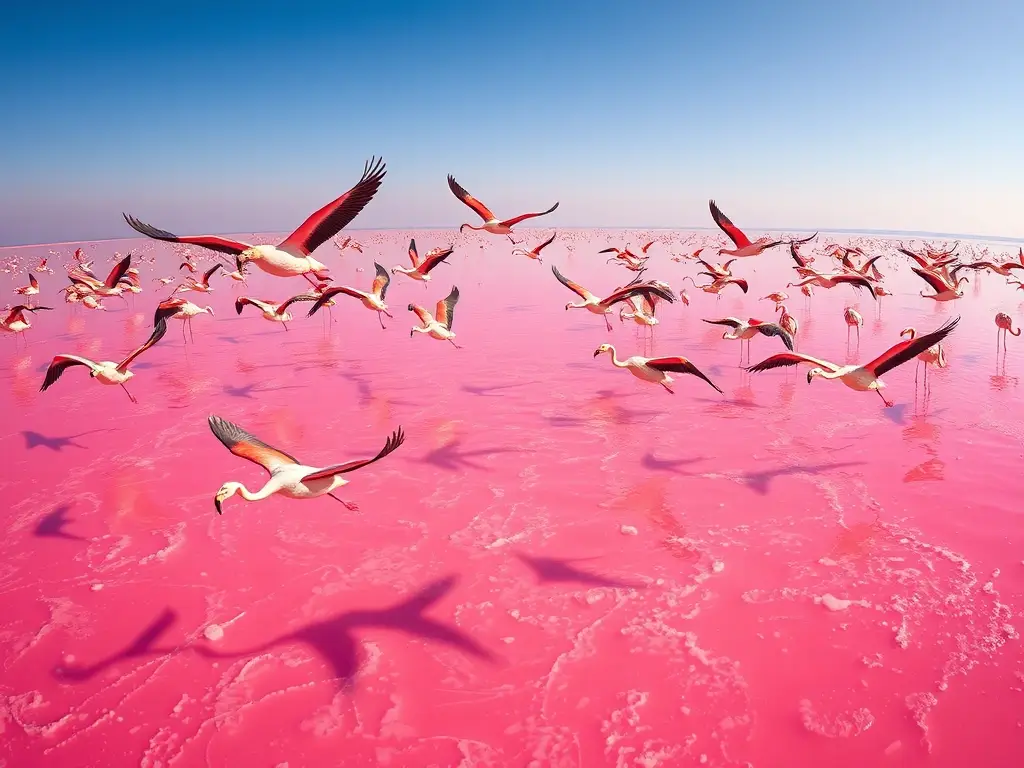 Imagen realista de flamencos volando sobre un lago rosa