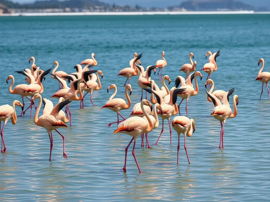 Fotografía realista de flamencos nadando en agua y costa