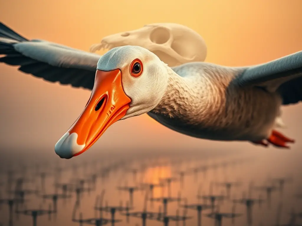 Ganso majestuoso volando, cráneo fósil superpuesto