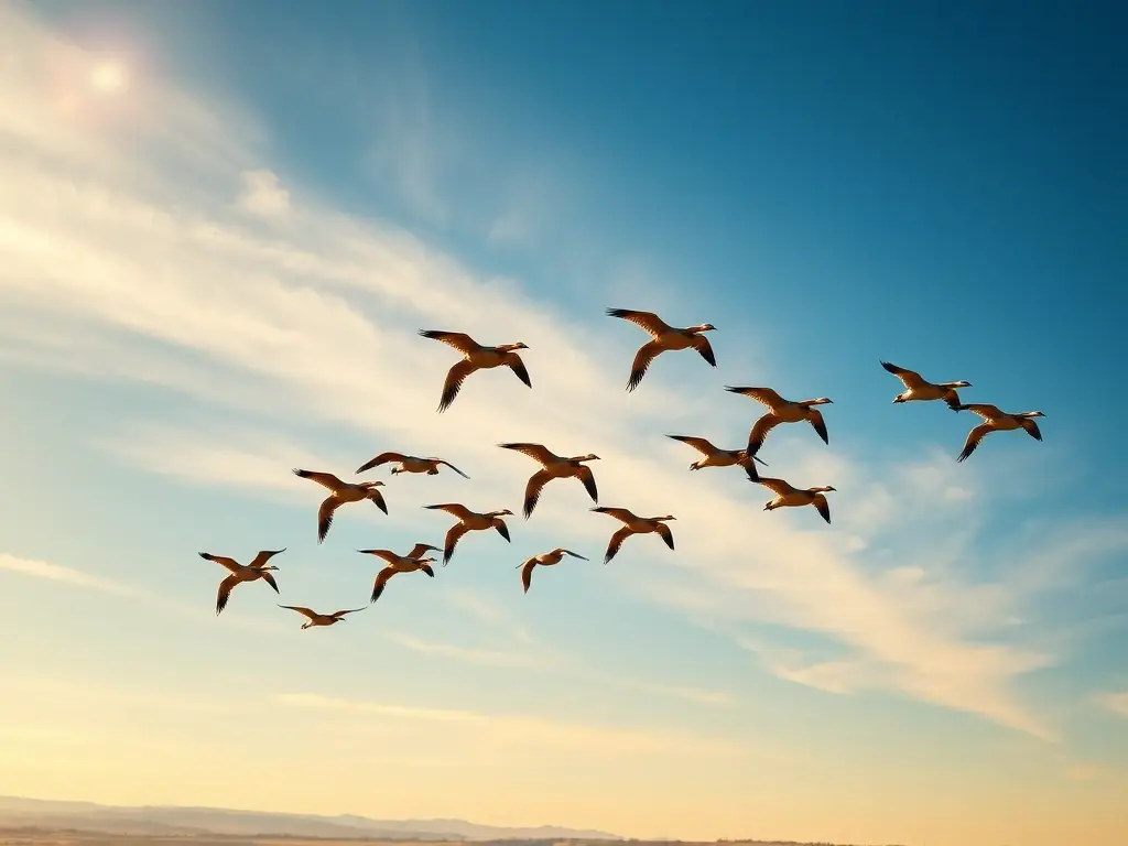 Gansos migratorios forman V bajo cielo dorado