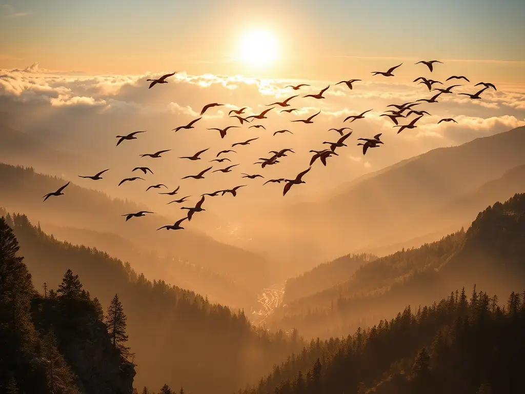 Gansos migrando épicamente sobre montaña al amanecer