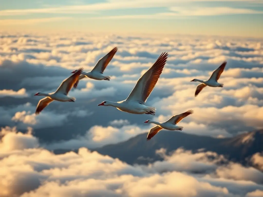 Imagen fotorealista de ganso andino en vuelo, majestuosa, a la luz del amanecer
