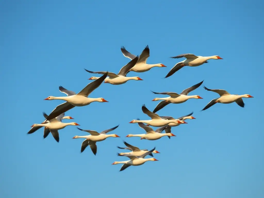 Imagen fotográfica realista de un vuelo de geese con anatomía precisa