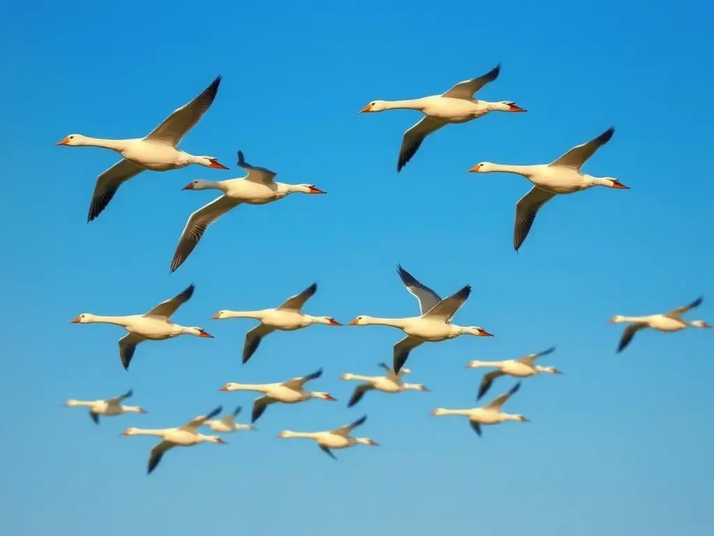 Ilustración fotorealista de un vuelo de gansos en el cielo azul