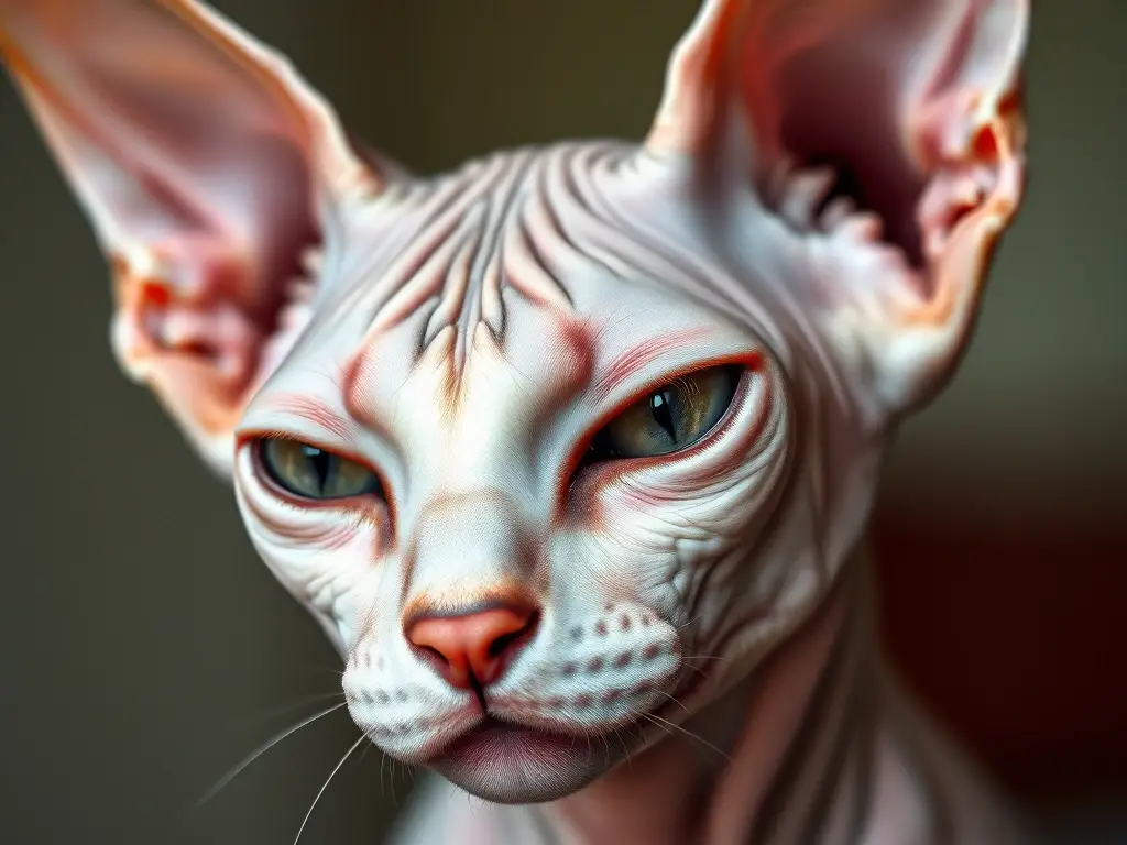 Photorealistic 8k close-up of a sphynx cat, wrinkle-focused