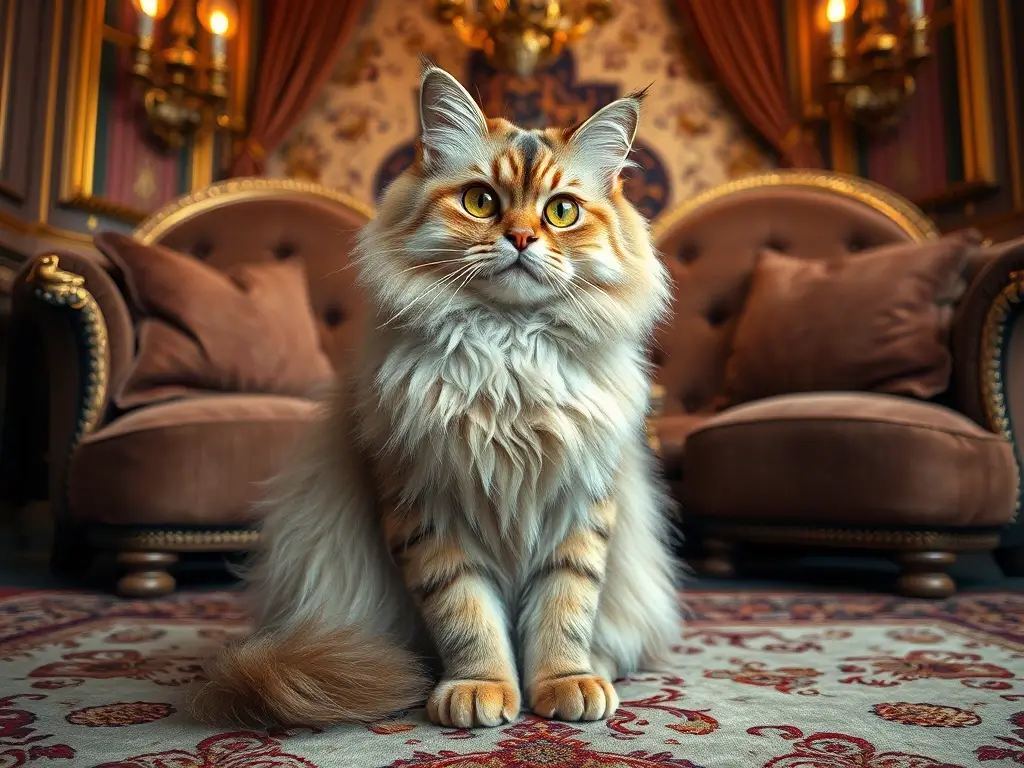 Fotografía realista de un gato persa majestuoso en un entorno antiguo