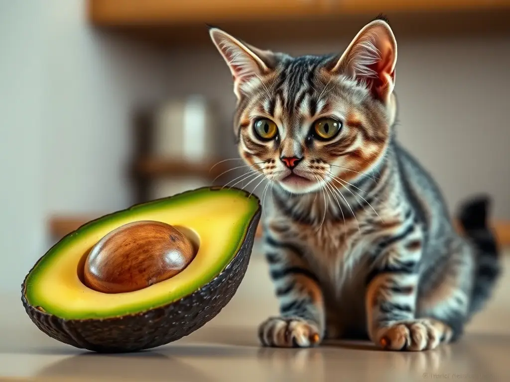 Foto realista de un gato tabby preocupado junto a un aguacate, sin elementos inadecuados