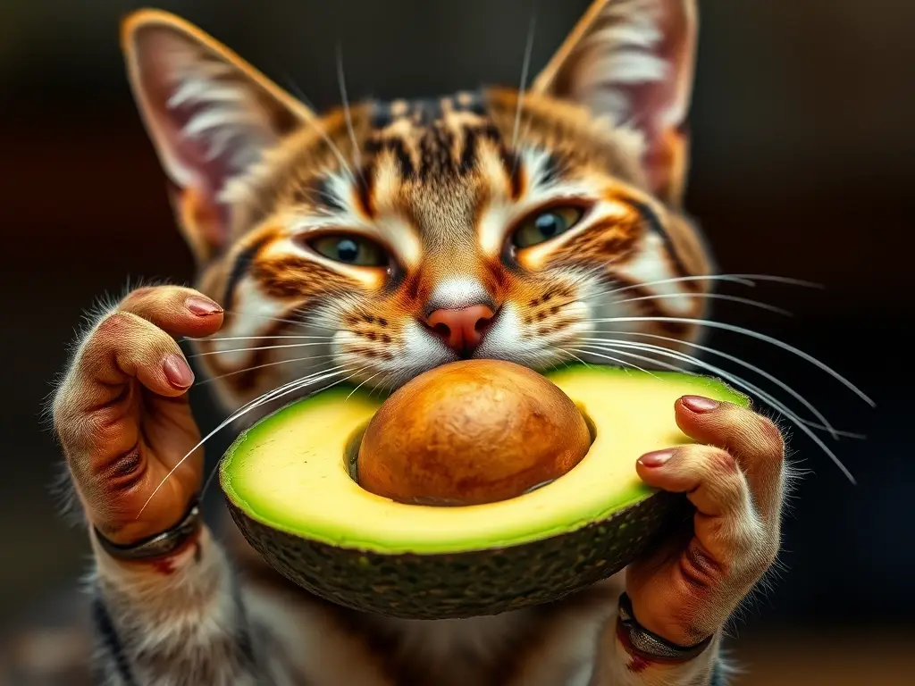 Foto realista de un gato tabbies afuera, comiendo aguacate