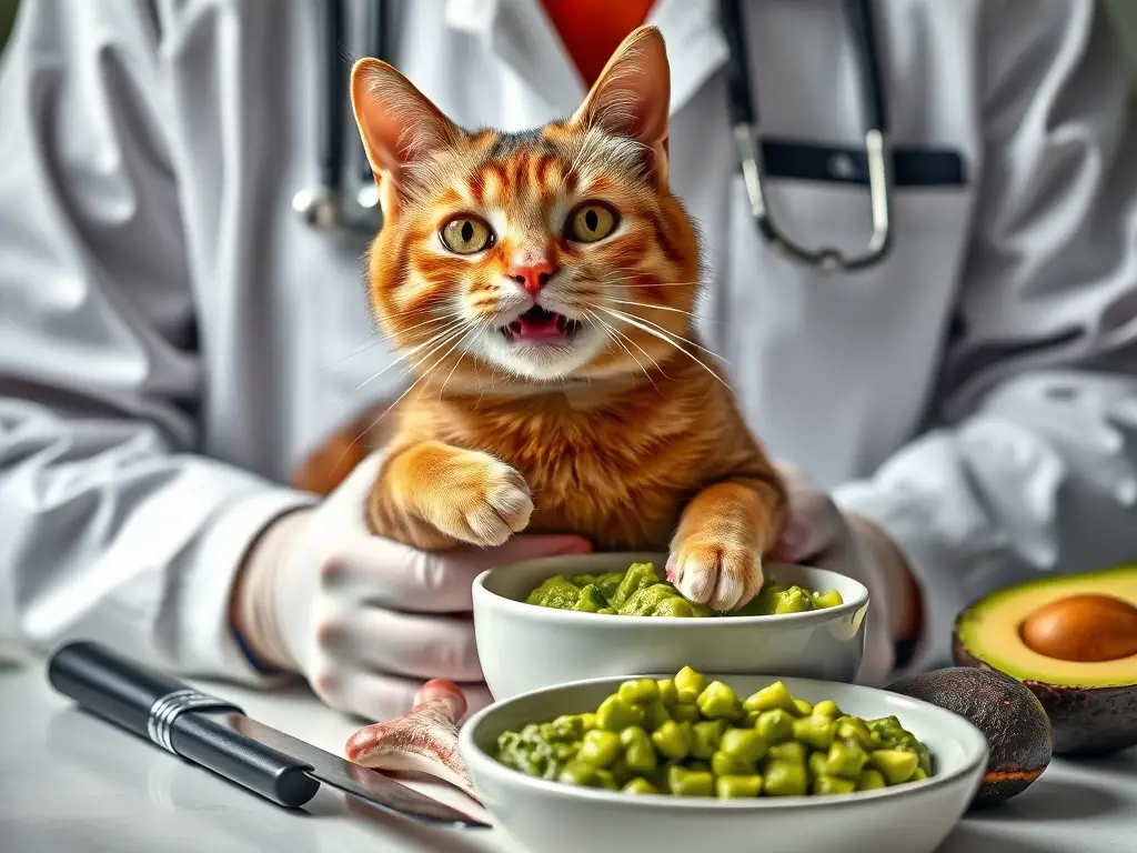 Fotografía realista, de 8K, de un veterinario con un gato y aguacate