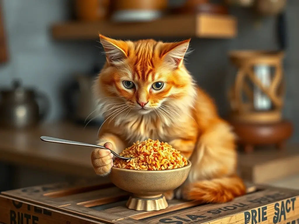 Imagen realista de un gato de jengibre adorable, adornado de arroz
