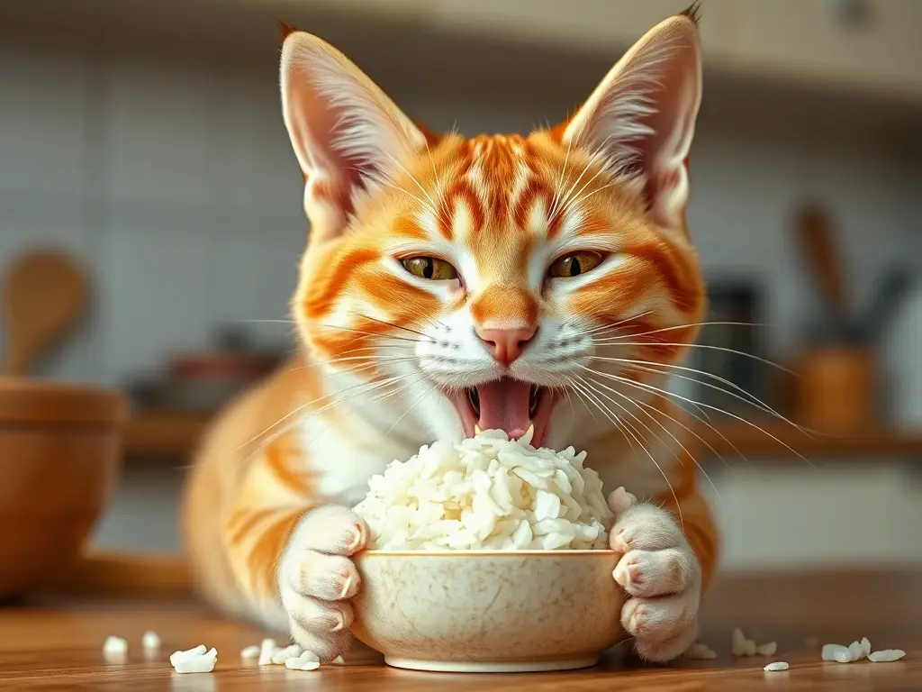 Foto de un gato tabby naranja feliz masticando arroz cocido en alta resolución