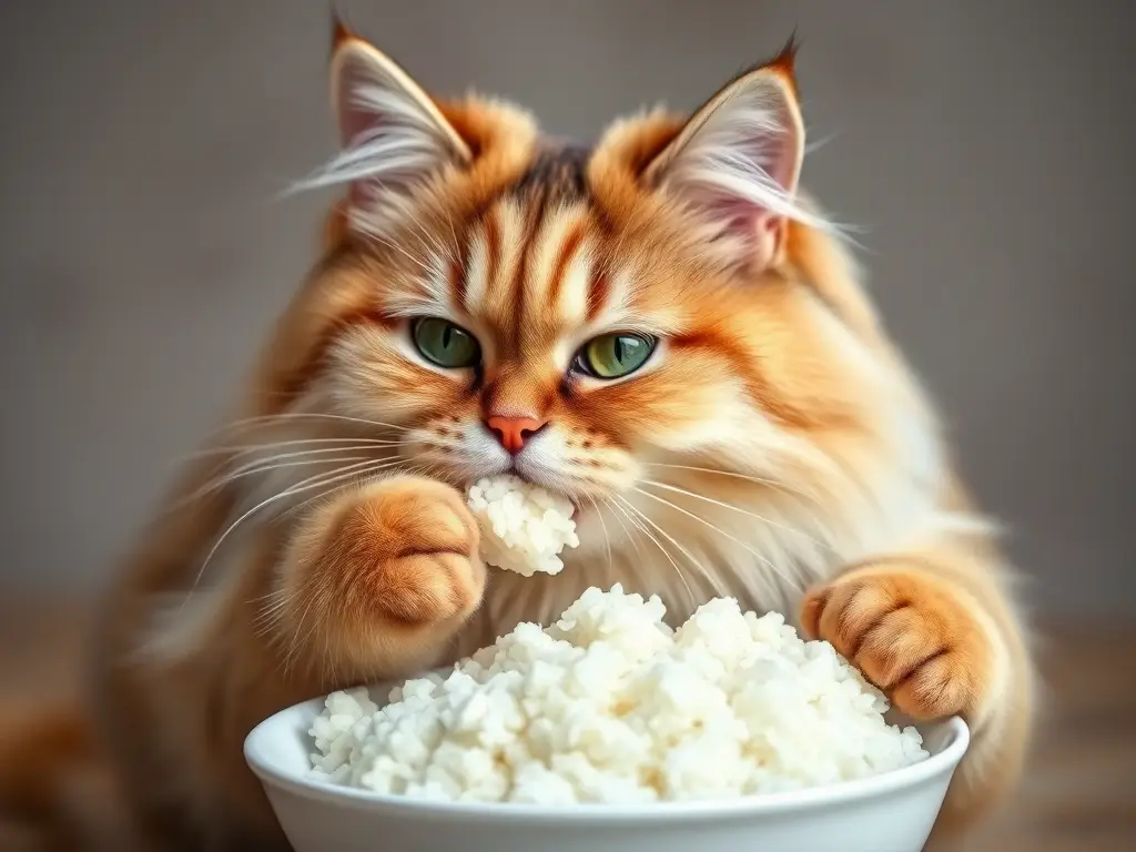 Imagen realista de un gato persa sonriente comiendo arroz blanco