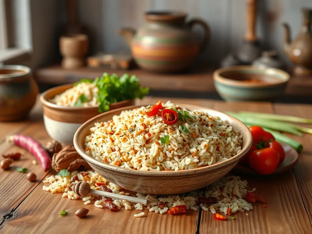 Imagen de arroz blanco y integral con especias vibrantes