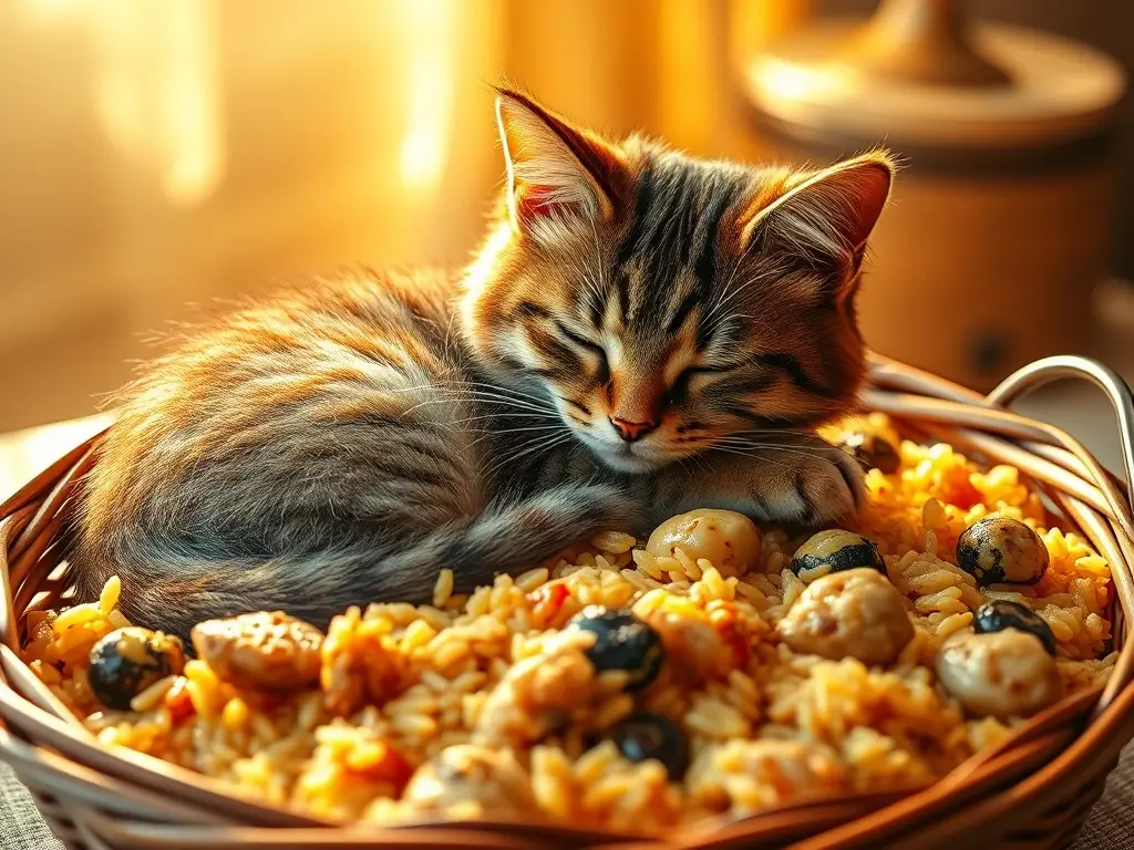 Un gato tabby relajado disfruta de una paella casera