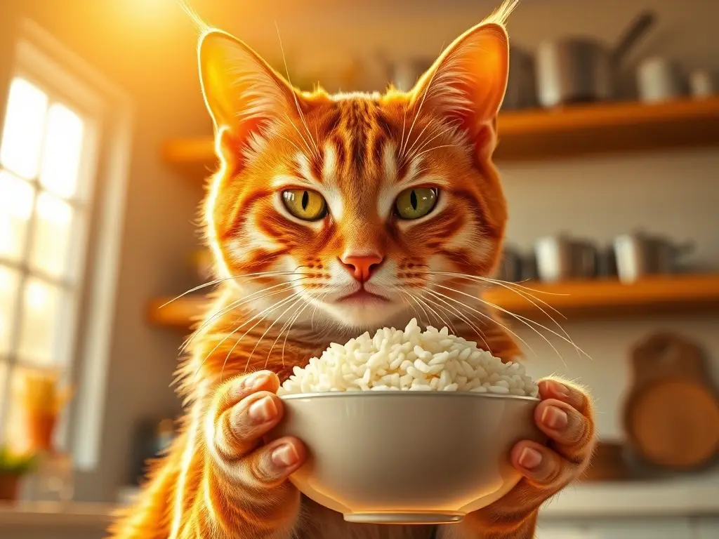 Un gato tabby juguetón con una taza de arroz