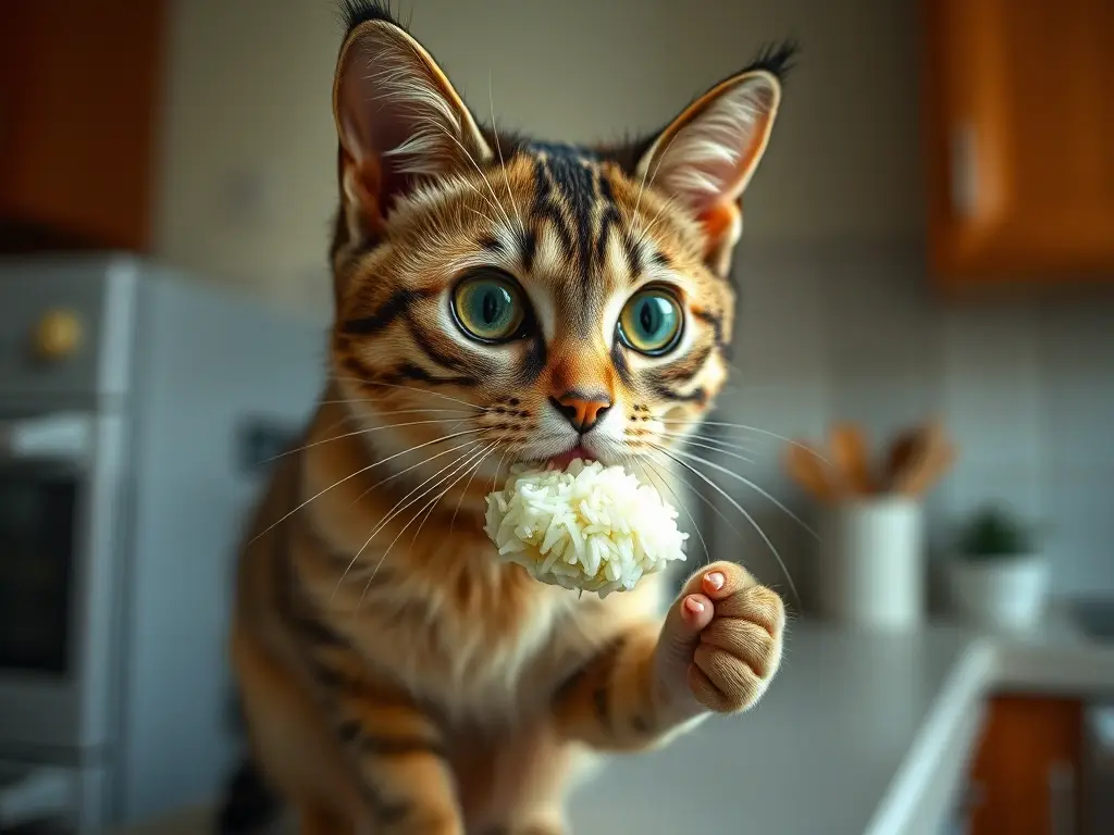 Fotografía real de un gatito contemplativo con arroz en la boca