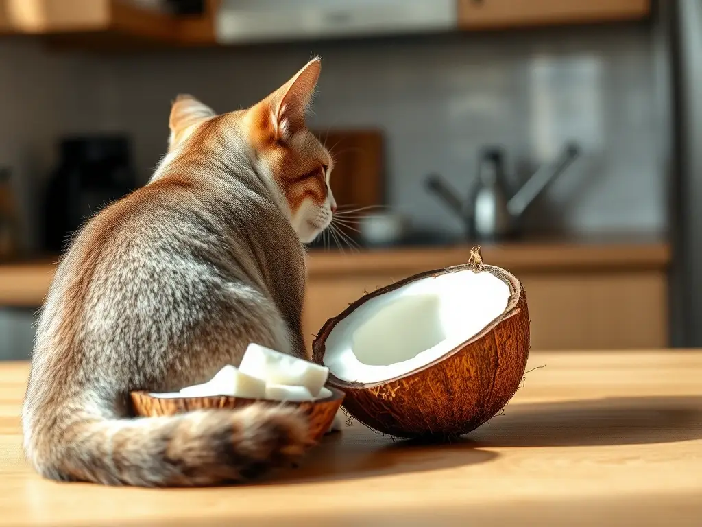 Gato alerta evita coco abierto, cautela felina