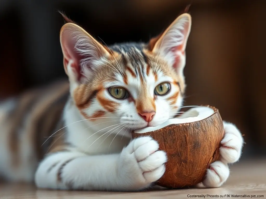 Imagen realista de una gata esponjada disfrutando de coco
