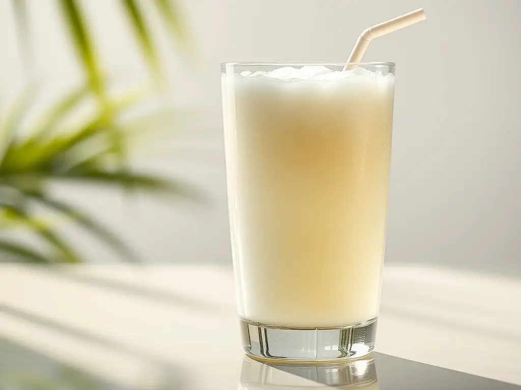 Una fotografía realista de agua de coco con una hélice en un vaso de cristal