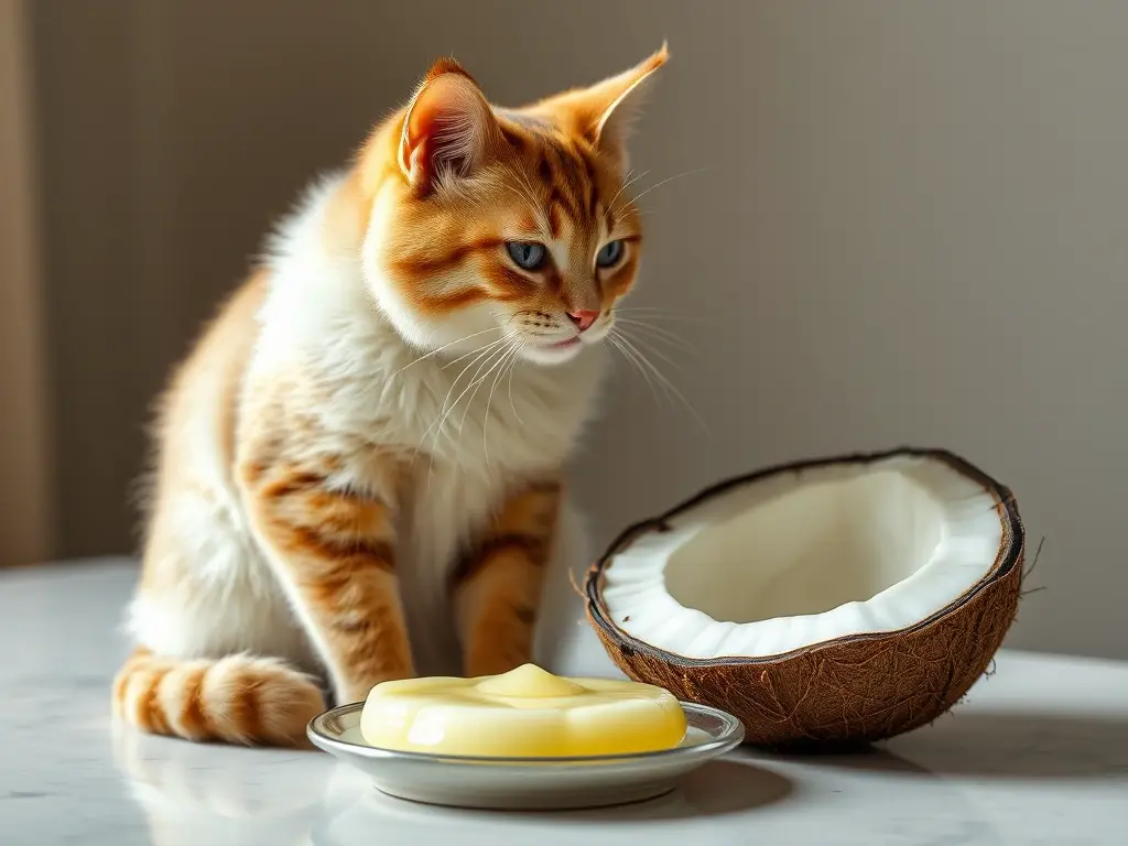 Fotografía realista de gato observando aceite de coco