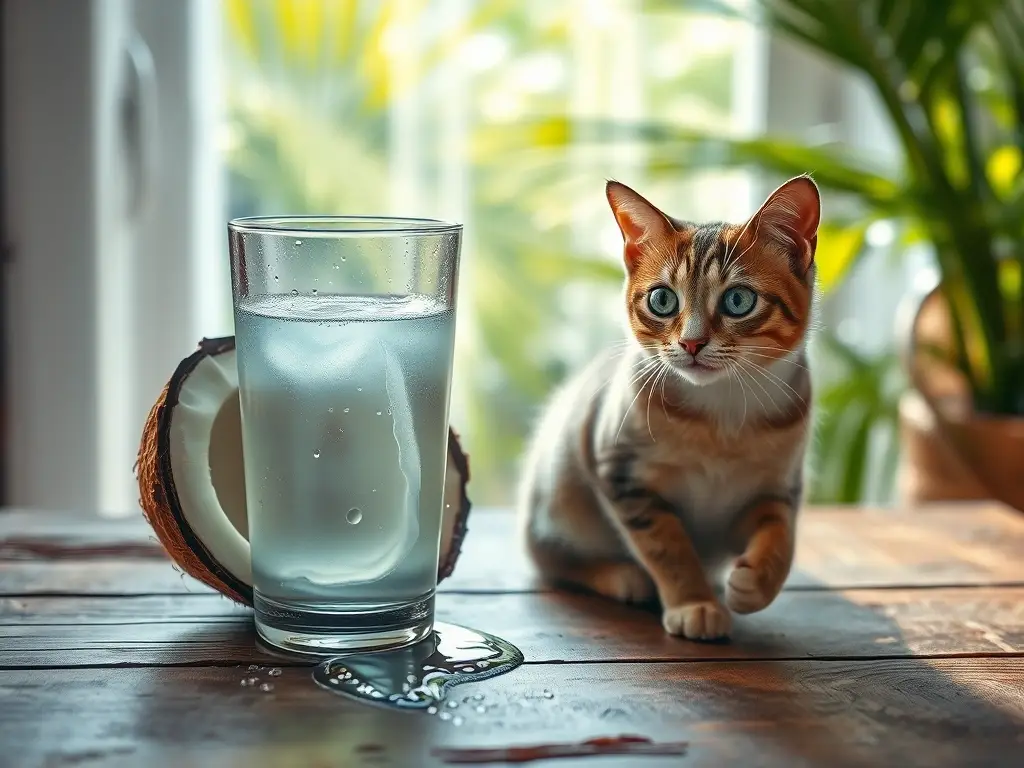 Fotorealismo: coco, agua y gato en madera