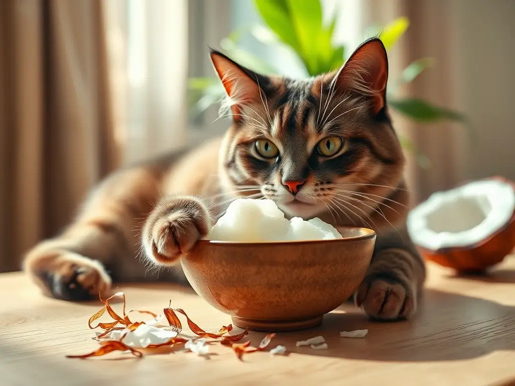 Gato elegante toca cuenco de coco