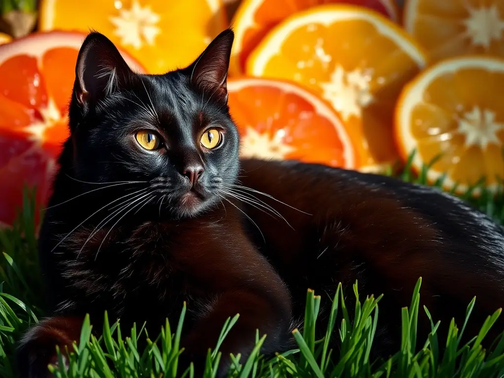 Un gato de pelo reluciente posa majestuoso sobre frutas de durazno