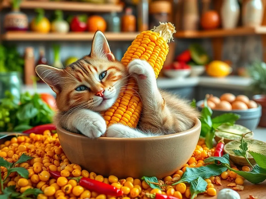 Un felino juguetón disfruta de maíz, ¡atentos a la textura!