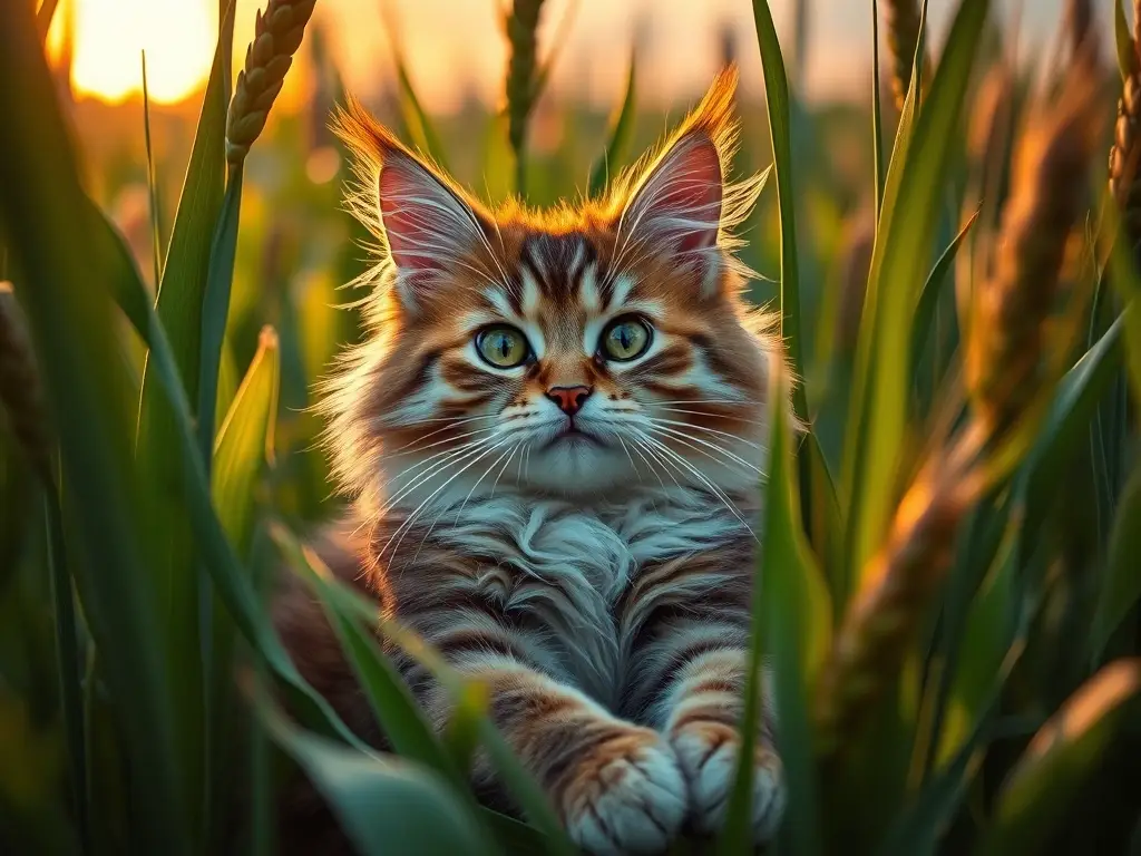 Fotografía realista de un gato Maine Coon juguetón en un campo de maíz
