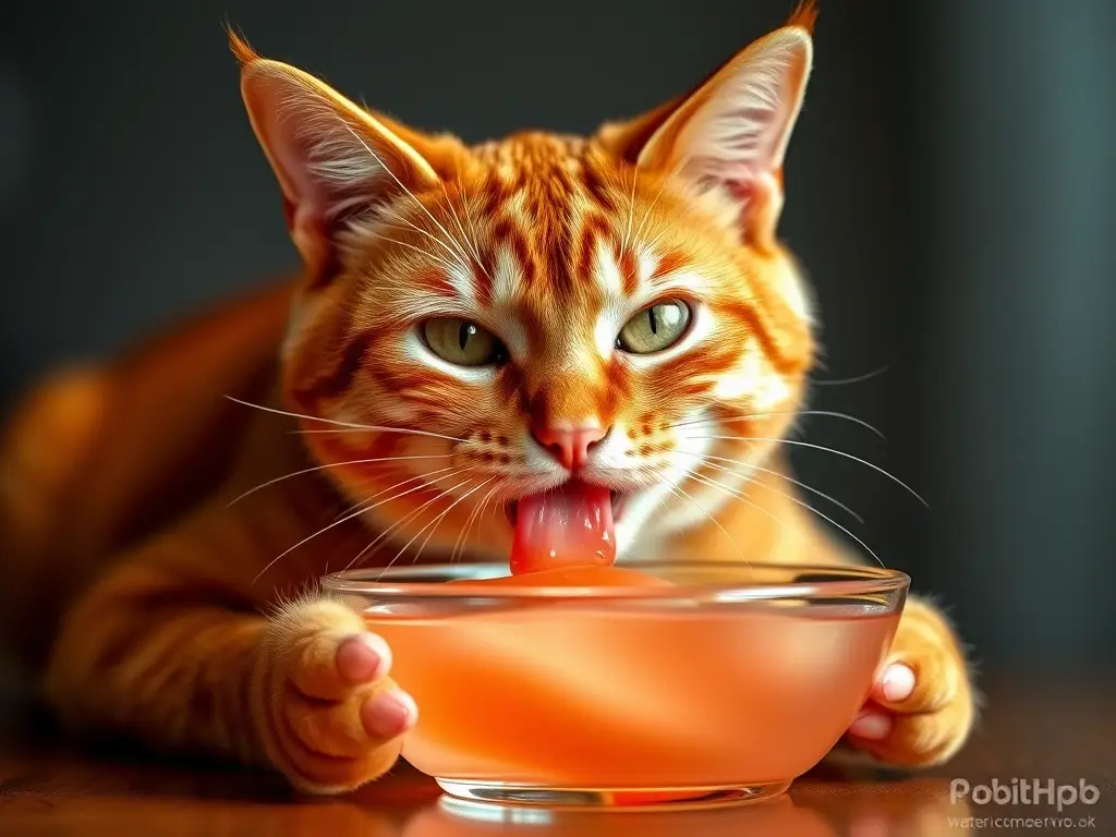 Portrait realista de un gato de color jengibre felizmente bebiendo gelatina segura