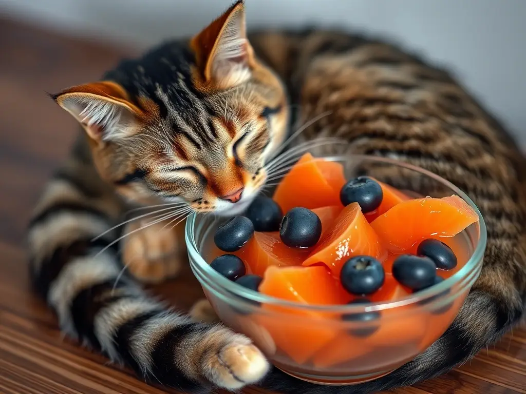 Imagen realista de un gato tabby relajado con un bizcocho y frutas