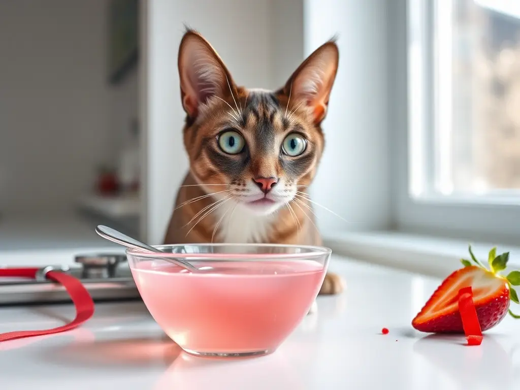 Gato elegante sobre encimera con gelatina rosa