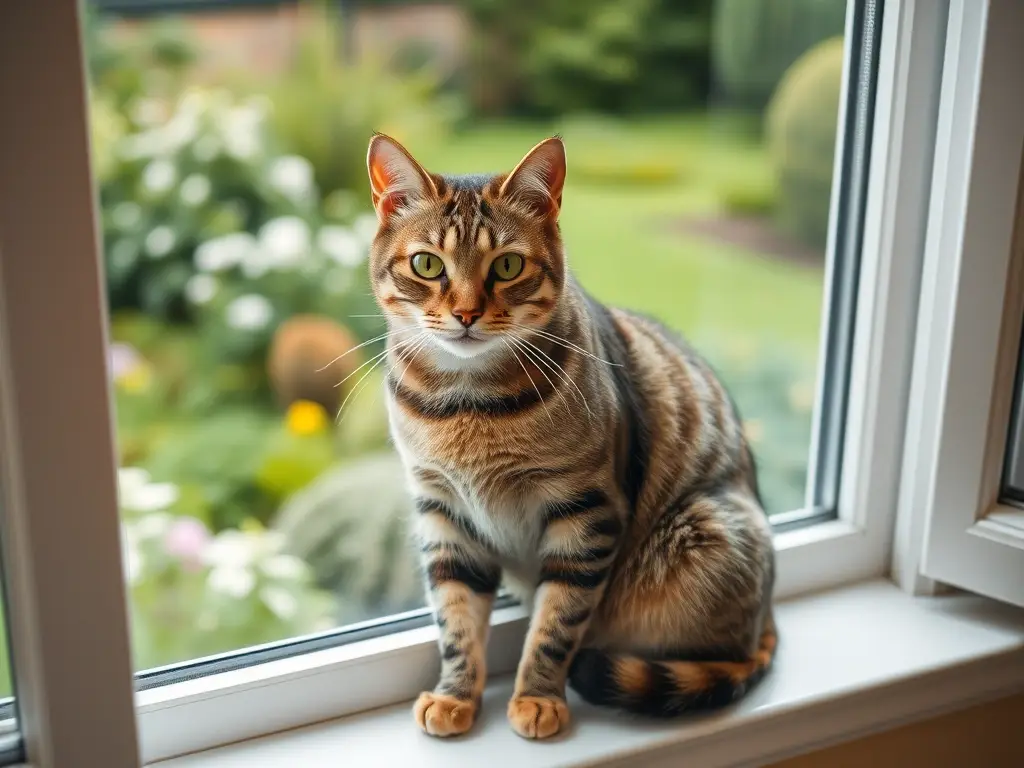 Fotografía realista de un gato tabby confiante sentado en una ventana con una vista de un jardín en el campo inglés