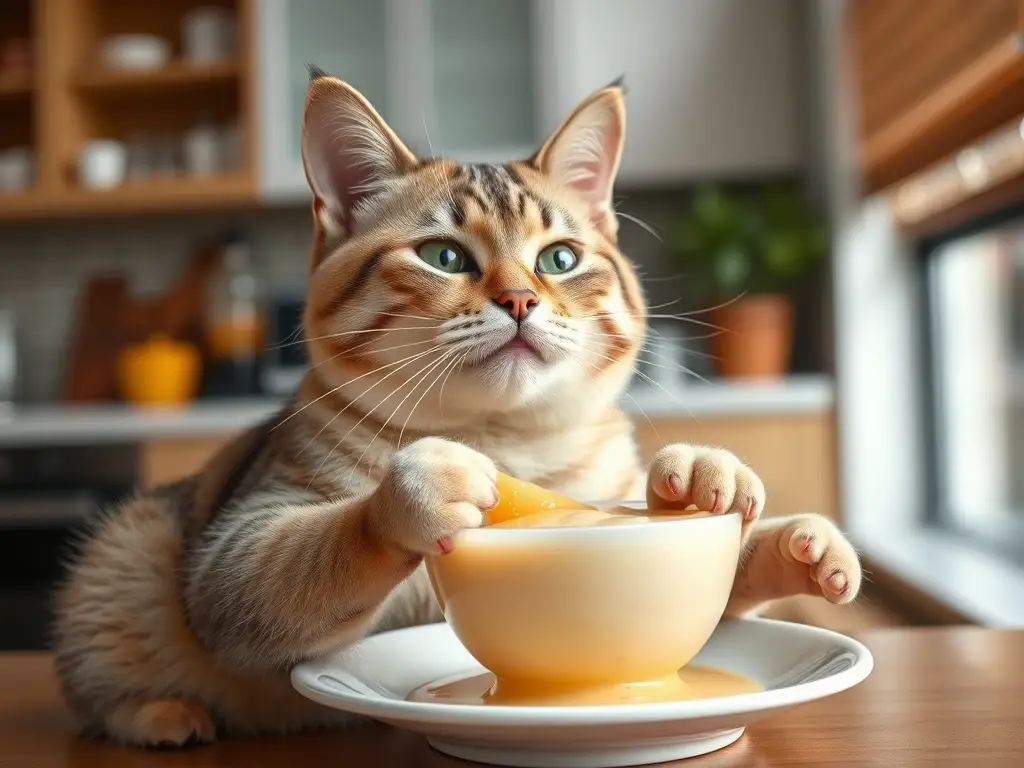 Foto realista de un gato sano comiendo gelatina de tapioca en una cocina moderna