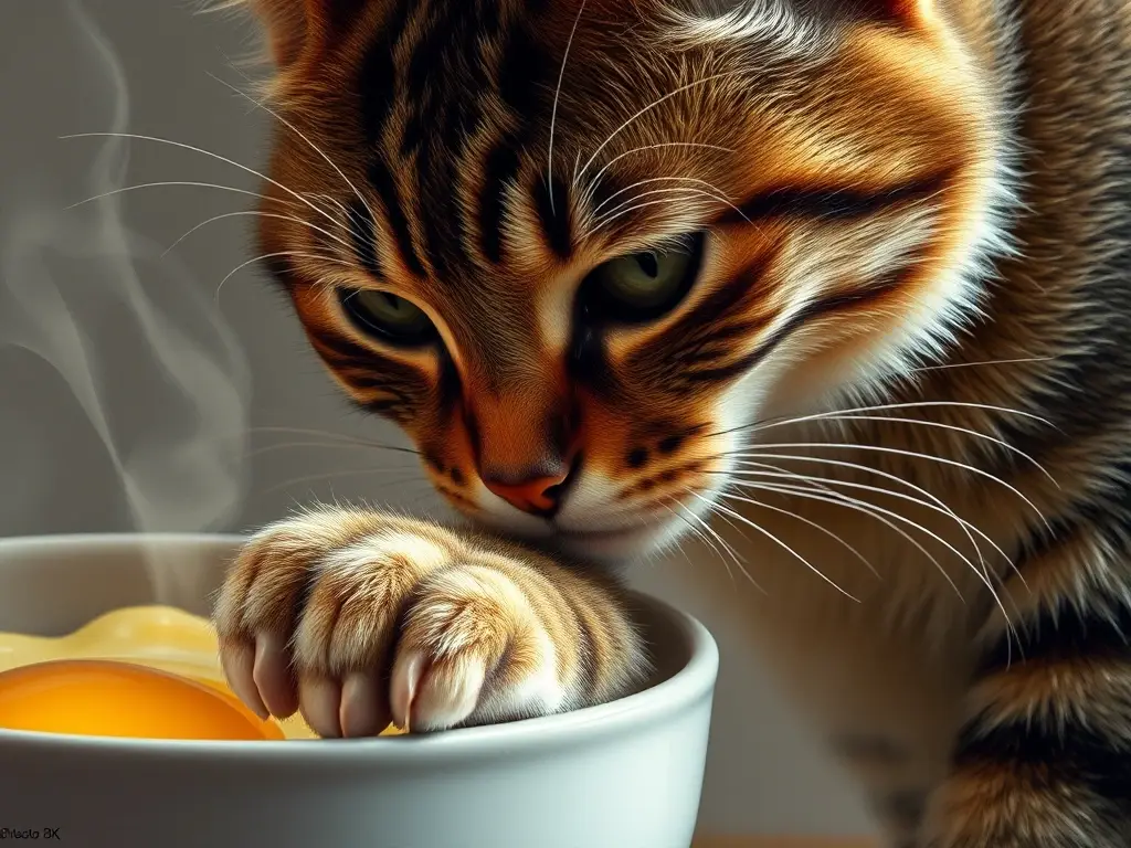 Fotorealista, retrato de gato tabby con huevo revuelto, detalles impecables