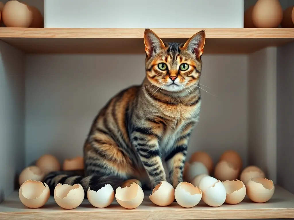 Imagen realista de un gato tabaquero en reposo con huevos