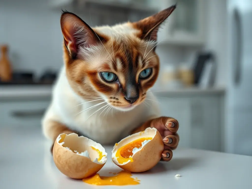 Foto realista de un gato de piel sable mirando a un huevo de ave con detalles precisos