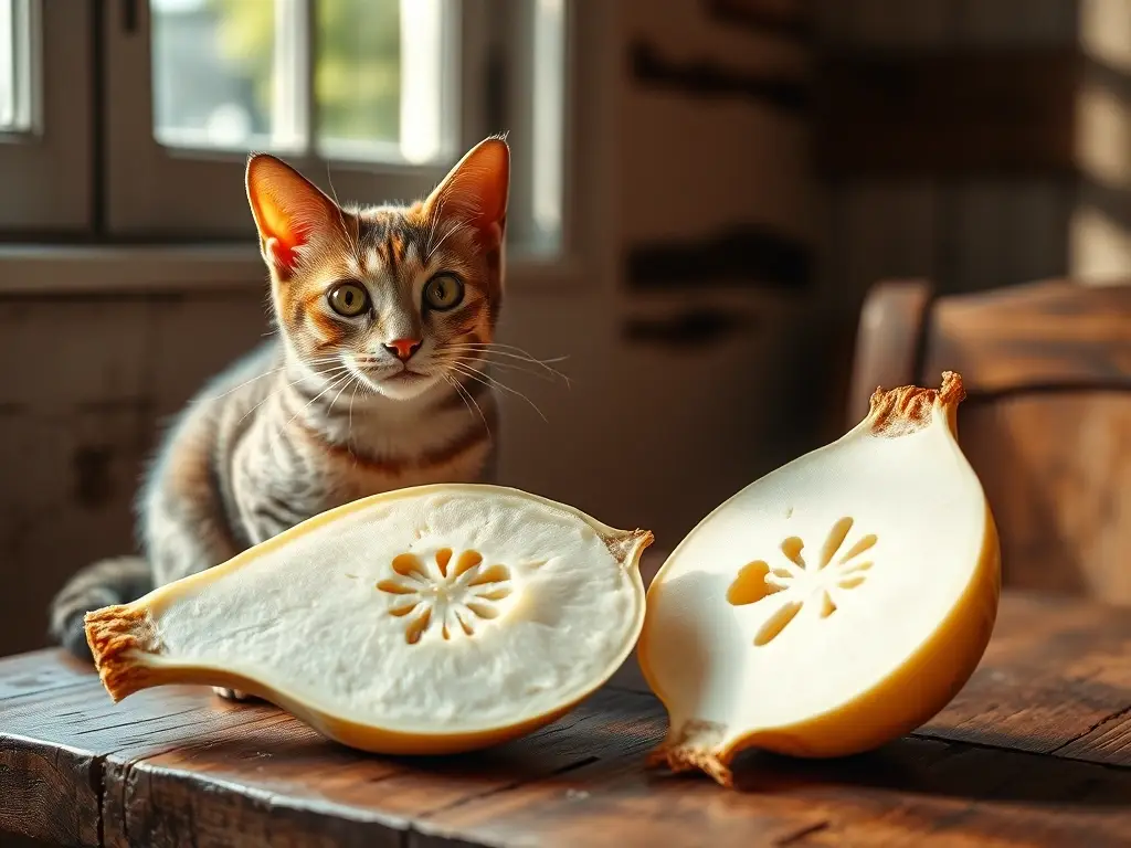 Gato y jícama en mesa rústica